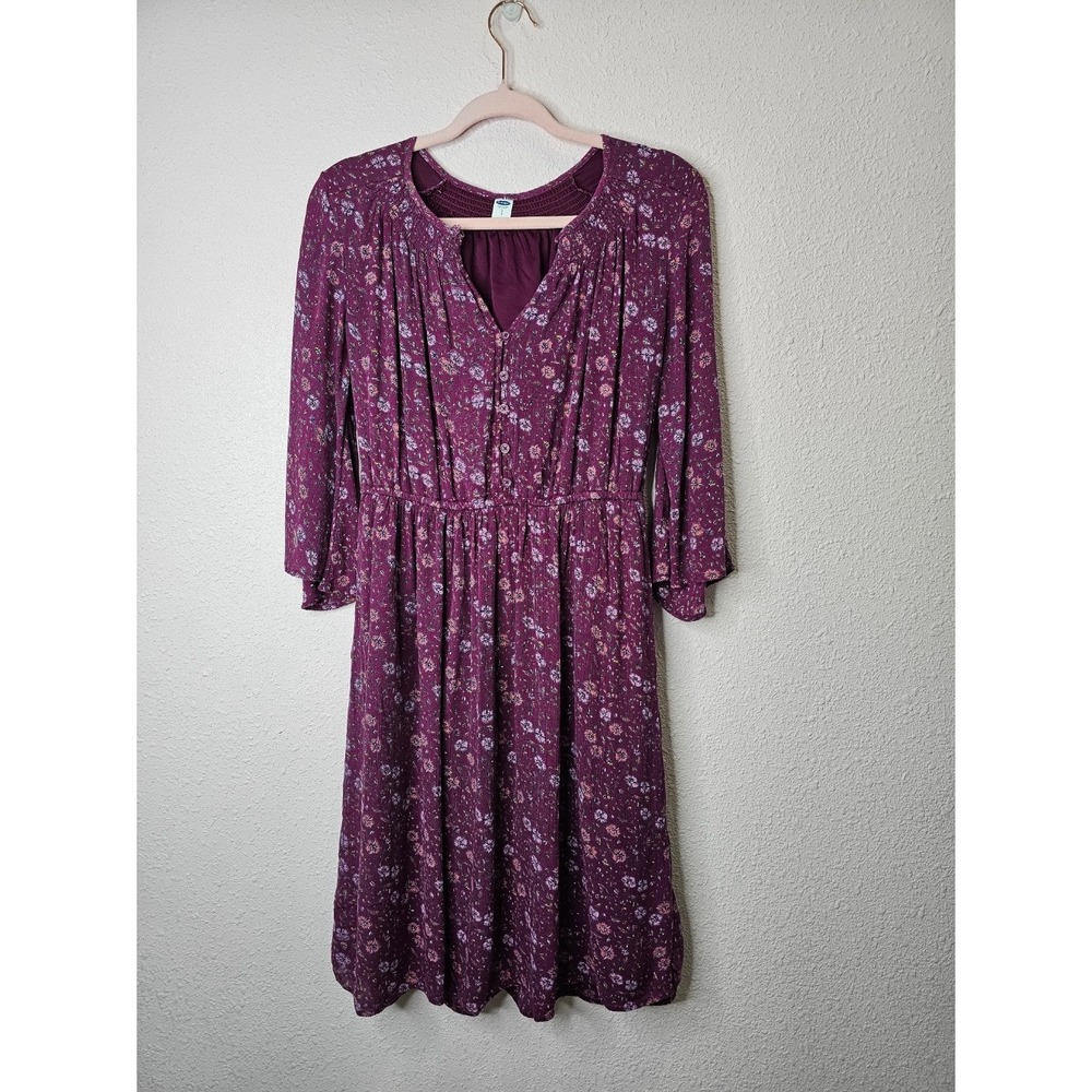 Old Navy Womens Small Plum Purple Floral 3/4 Bell Sleeve Fit and Flare Dress Mid